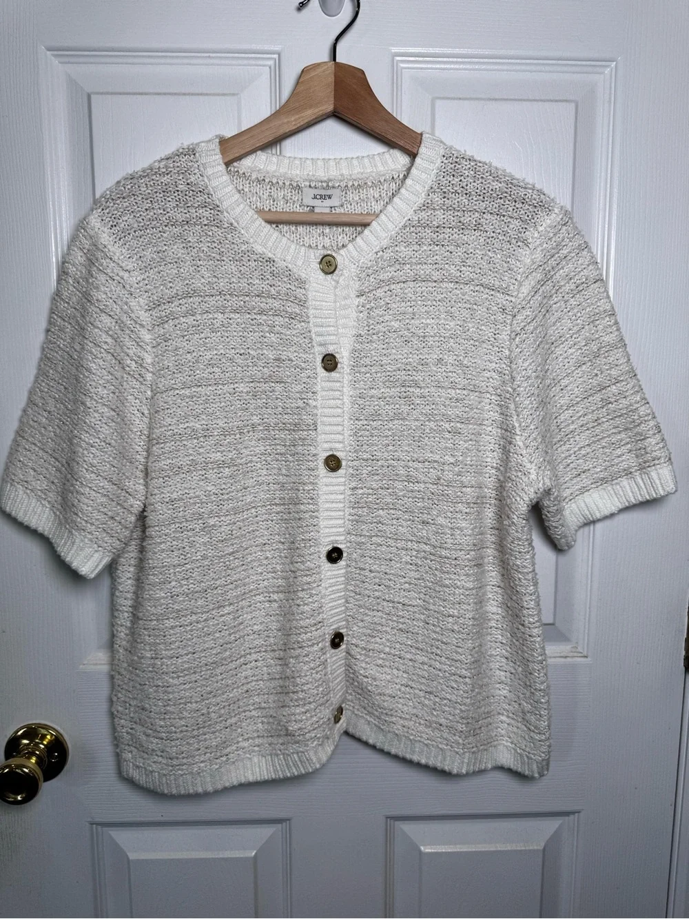 J.Crew NWT Cream Gold Metallic Short Sleeve Lady Jacket Cardigan Classic Large